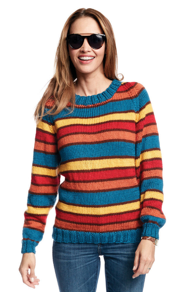 Adult's Knit Crew Neck Striped Pullover in Caron Simply