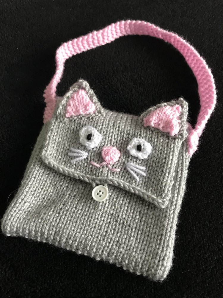 Kids cat bag purse Knitting pattern by Emma Whittle